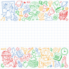 Online learning, education. Back to school. Vector icons and elements for little children, college. Doodle style, kids drawing