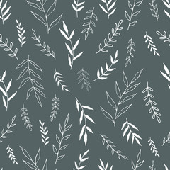 Seamless pattern with hand drawn forest leaves. Traditional leaves in ink, doodle style for wedding decoration and arrangements.