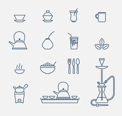 Tea cups and kettles outline icons
