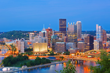 Fototapeta na wymiar Pittsburgh Skyline Showing Downtown After Sunset Viewing From Grandview Overlook, Pittsburgh, USA. 