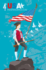 4 july American Independence day. Revolutionary war civil soldier with rifle and national flag. Vector illustration
