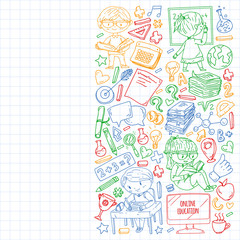 Online learning, education. Back to school. Vector icons and elements for little children, college. Doodle style, kids drawing