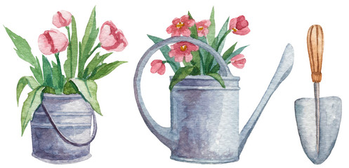 Hand drawn watercolor gardening tools © Daria Doroshchuk