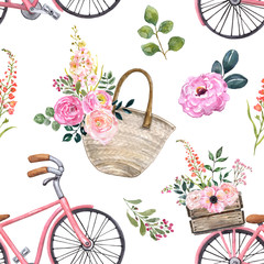 Watercolor floral seamless pattern with pretty bicycle and straw bag. Cute botanical print, spring blossom illustration with bike and garden pink flowers and leaves on white background. Vintage style