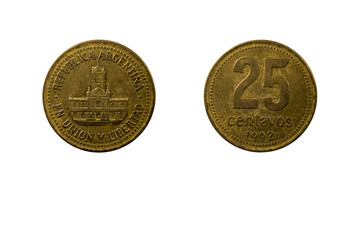 Argentine coin 25 centavos year 1992 front and back view macro close up on white background