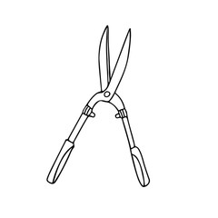 A big garden pruner with long blades in doodle style. Hand drawn vector illustration in black ink isolated on white background.
