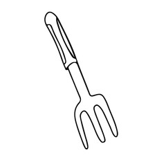 Garden fork in doodle style. Hand drawn vector illustration in black ink isolated on white background.