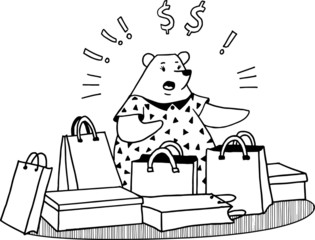 Bear spent too much money on shopping. Funny cartoon vector illustration.
