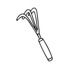 Gardening hoe in doodle style. Hand drawn vector illustration in black ink isolated on white background.

