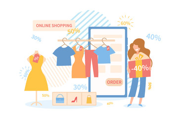 Online Shopping for fashion accessories and clothes with a woman holding a 40 percent discount sign alongside a mobile phone or tablet with clothing display, vector illustration