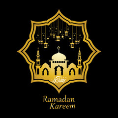 Vector - Golden silhouette of mosque and hanging lanterns on black background, Ramadan Kareem, greeting card