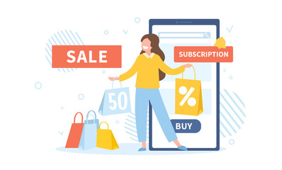 Online Shopping for clothing accessories showing a female shopper. vector illustration