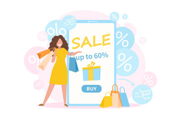 Online Shopping for clothing accessories showing a pretty young female shopper. vector illustration