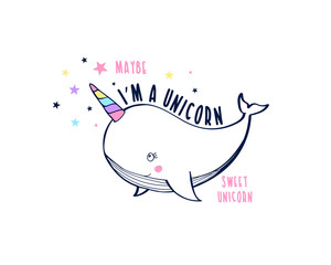 Hand drawing pretty unicorn whale  vector illustration for t-shirt design with slogan. Vector illustration design for fashion fabrics, textile graphics, prints.  © miniwhale