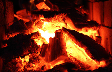 Burning wood and fire in the fireplace