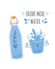 Quote Drink more water print, drinking water in a glass bottle and glass.