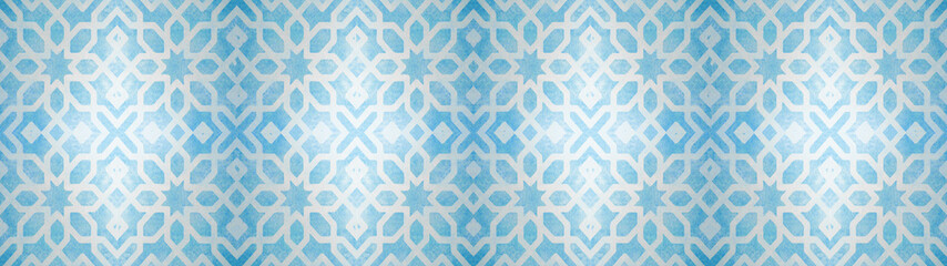 Blue white vintage retro geometric square mosaic motif cement tiles with flower blossom print...