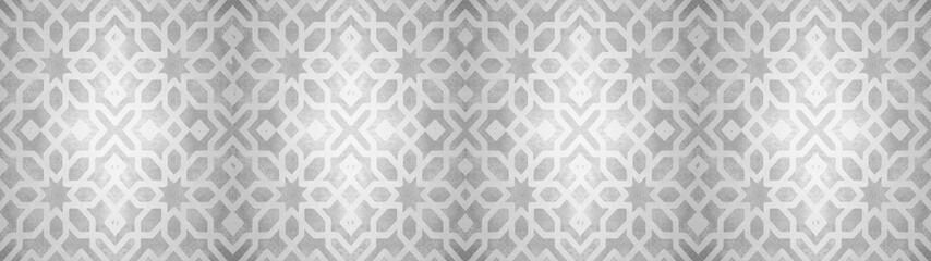 Gray white vintage retro geometric square mosaic motif cement tiles with flower blossom print texture background banner panorama