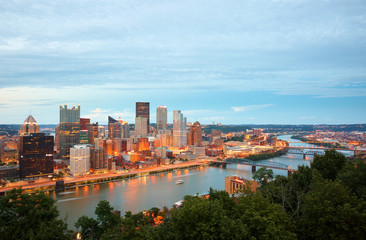 Pittsburgh Skyline Showing Downtown  After Sunset Viewing From Grandview Overlook, Pittsburgh, USA. 