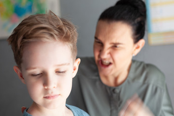 young mother scolds her son, the boy turned away from the angry mother