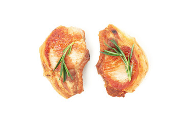 Fried pork steaks isolated on white background. Grilled food