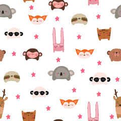 Cute vector seamless pattern with cartoon cute animals on a white background for greeting, fabric, wallpaper, textile. Cute kids print. Panda, fox, deer, sloth. Vector hand drawn illustration.