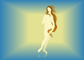Fototapeta na wymiar The Birth of Venus with blurry square, blue and yellow background