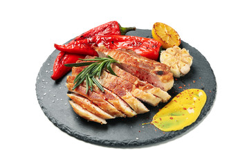 Tray with chopped pork steak isolated on white background