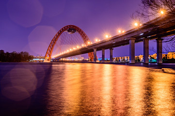 Zhivopisny Bridge over Moscow river at night