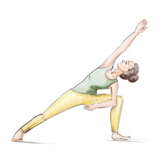 Yoga. The girl stands in the parshvakonasana