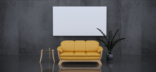 Modern Elegant Minimalist Background White Frame For Text Concrete Rough Empty Room With Sofa Couch Yellow Color Table And Green Plant Glossy Floor 3D Rendering