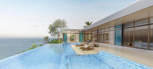 Sea view with a beautiful swimming pool, sunbeds and swings,3d render