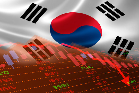 South Korea Flag and Economic Downturn With Stock Exchange Market Indicators in Red