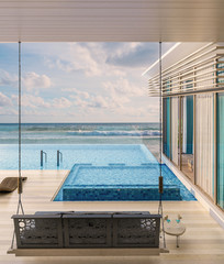Sea view with a beautiful swimming pool, sunbeds and swings,3d render