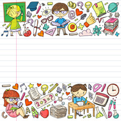 Online learning, education. Back to school. Vector icons and elements for little children, college. Doodle style, kids drawing