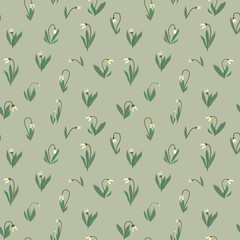 Hand drawn cartoon snowdrops, spring seamless pattern, green background