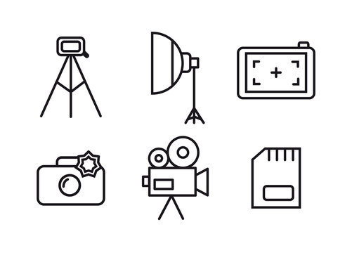 Photographer icon set. Photographer equipment icons. Tripod, softbox, focus, camera, camcorder, memory card