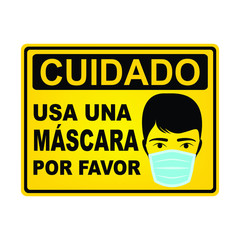Wear a mask caution sign in spanish language, vector design