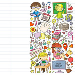 Online learning, education. Back to school. Vector icons and elements for little children, college. Doodle style, kids drawing