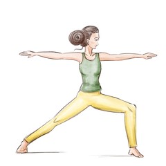 Yoga. The girl stands in the pose of a warrior
