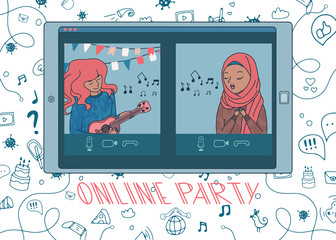 Online party with woman playing ukulele and girl in hijab singing a song. Live stream from people sit at home during covid-19 quarantine. Doodle background. Hand drawn vector