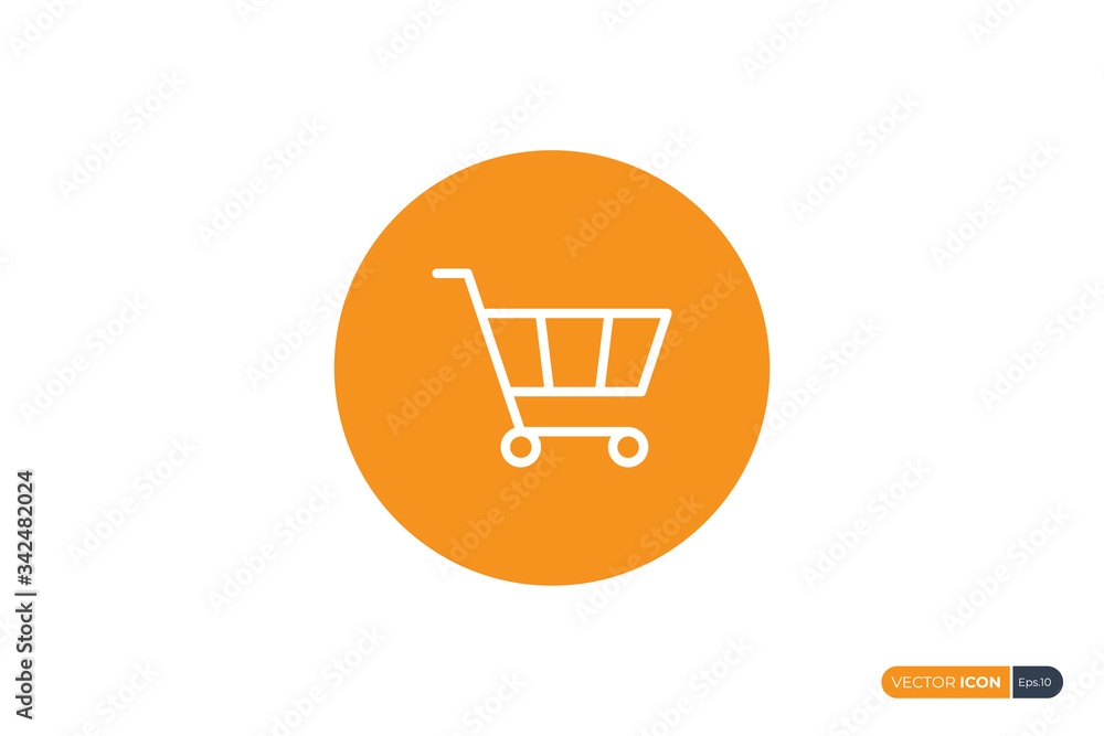 Poster shopping cart icon linear style with orange circle shape isolated on white background. vector illust