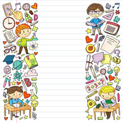 Online learning, education. Back to school. Vector icons and elements for little children, college. Doodle style, kids drawing