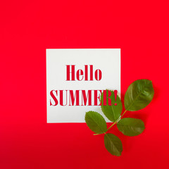 Creative arrangement of red flowers and leaves on a pastel red background with a paper card note. Blooming rose concept. Flat lay. Minimal nature.