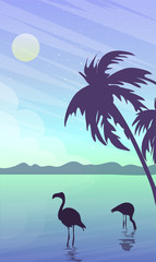 Beautiful landscape with sunset.Vector illustration of seascape with flamingos.