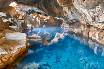 Blue Thermal Water in the Grjotagja Cave, Iceland