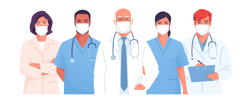 Vector illustration of a medical team, group of physicians, doctors wearing face masks