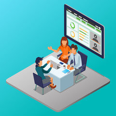 Isometric Vector Illustration Representing An HR Manager and his Assistance Interviewing Employee Candidate and Displaying a Resume on the Computer Screen