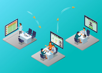 Isometric Vector Illustration Representing A Flow of Employee Recruitment Process by An HR Manager Using an Application Displayed on the Computer Screen