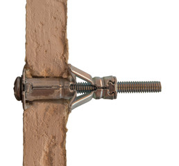 Metal Molly fastener fixed in pre-drilled hole in sheet of moisture-resistant drywall, the view in the section of end of sheet, can see gypsum fiber and the connection. Isolated on a white background